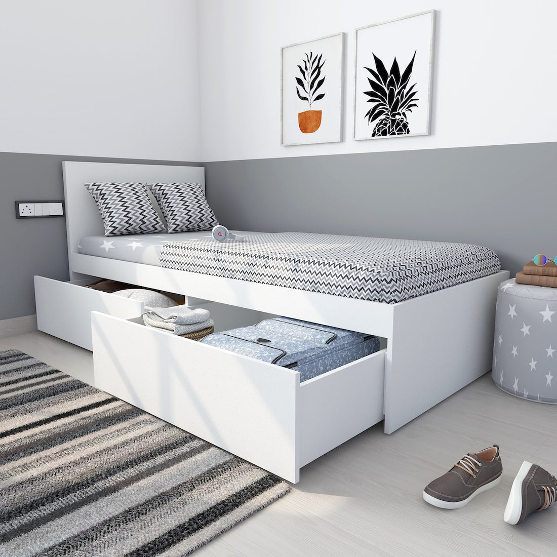 Tribe Single Bed with Headboard (Moonshine White, Matte Finish)