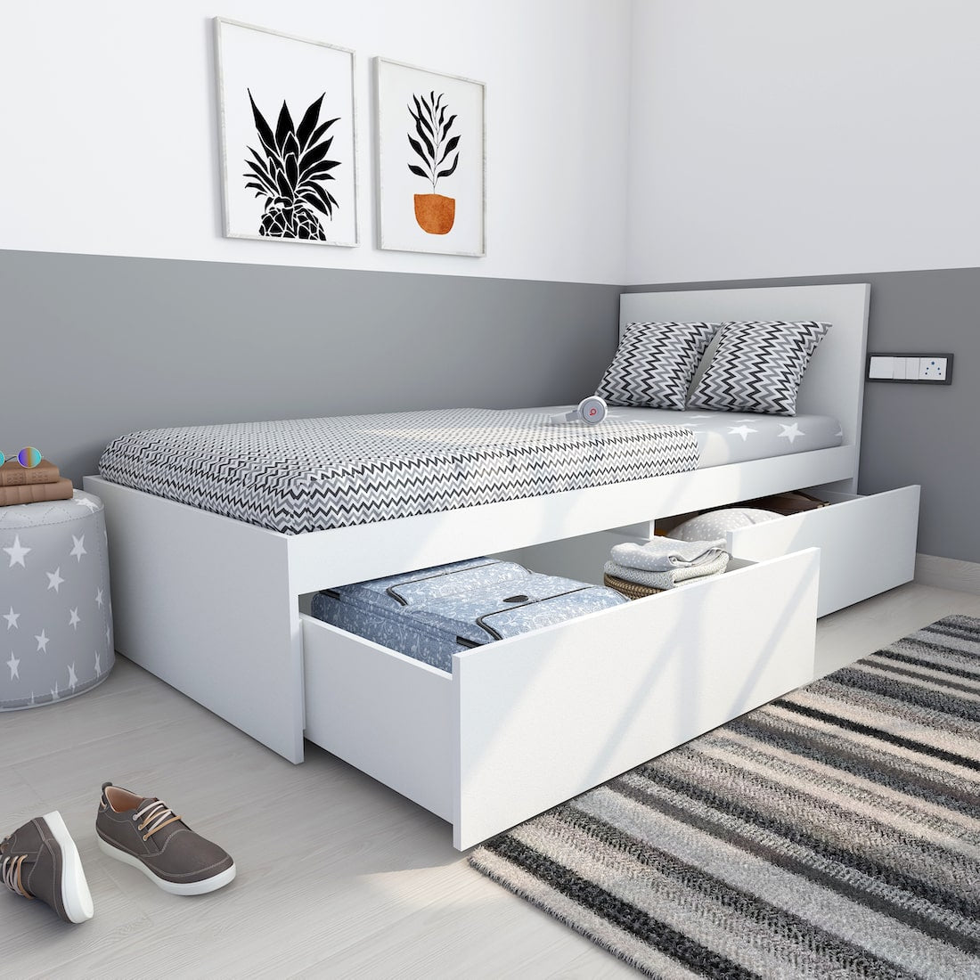 Tribe Single Bed with Headboard (Moonshine White, Matte Finish)