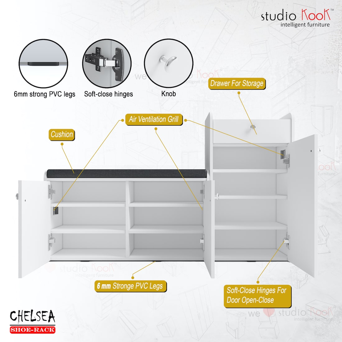 Chelsea Shoerack || Shoe Cabinet with Cushion Seating and 20 pairs capacity