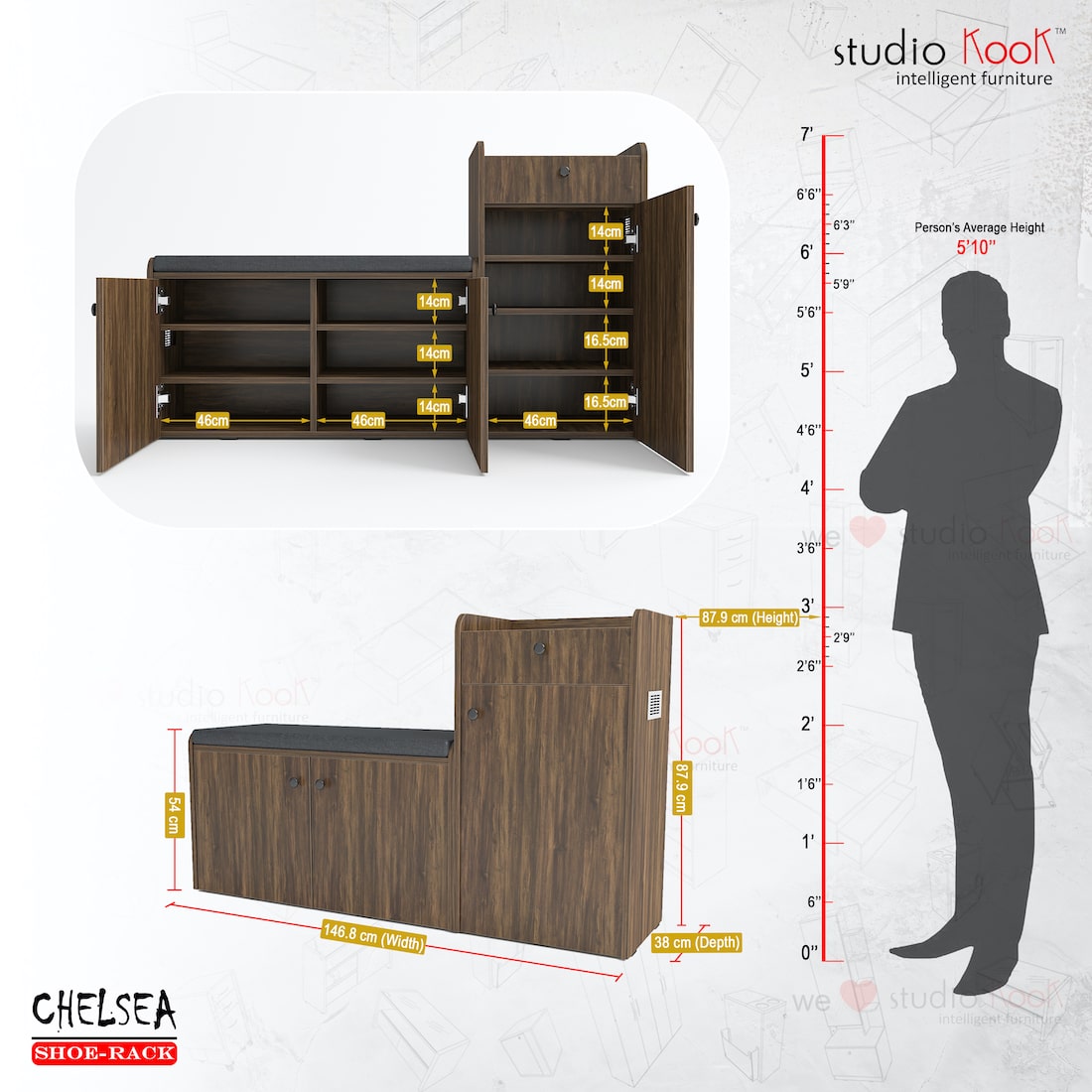 Chelsea Shoerack || Shoe Cabinet with Cushion Seating and 20 pairs capacity