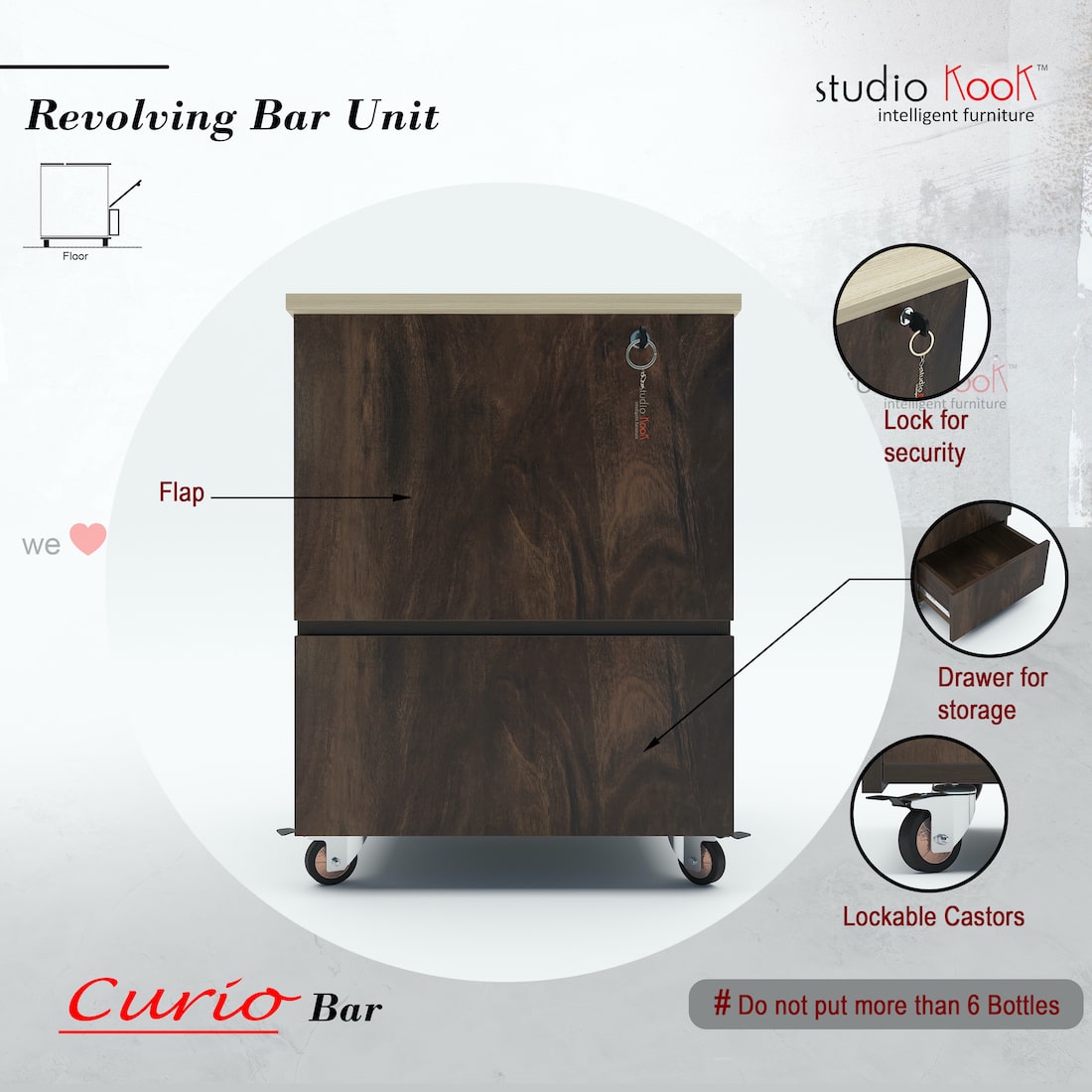 Curio Mini Bar Cabinet on Wheels