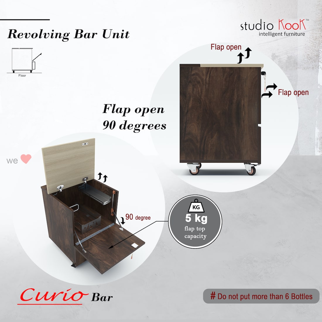 Curio Mini Bar Cabinet on Wheels