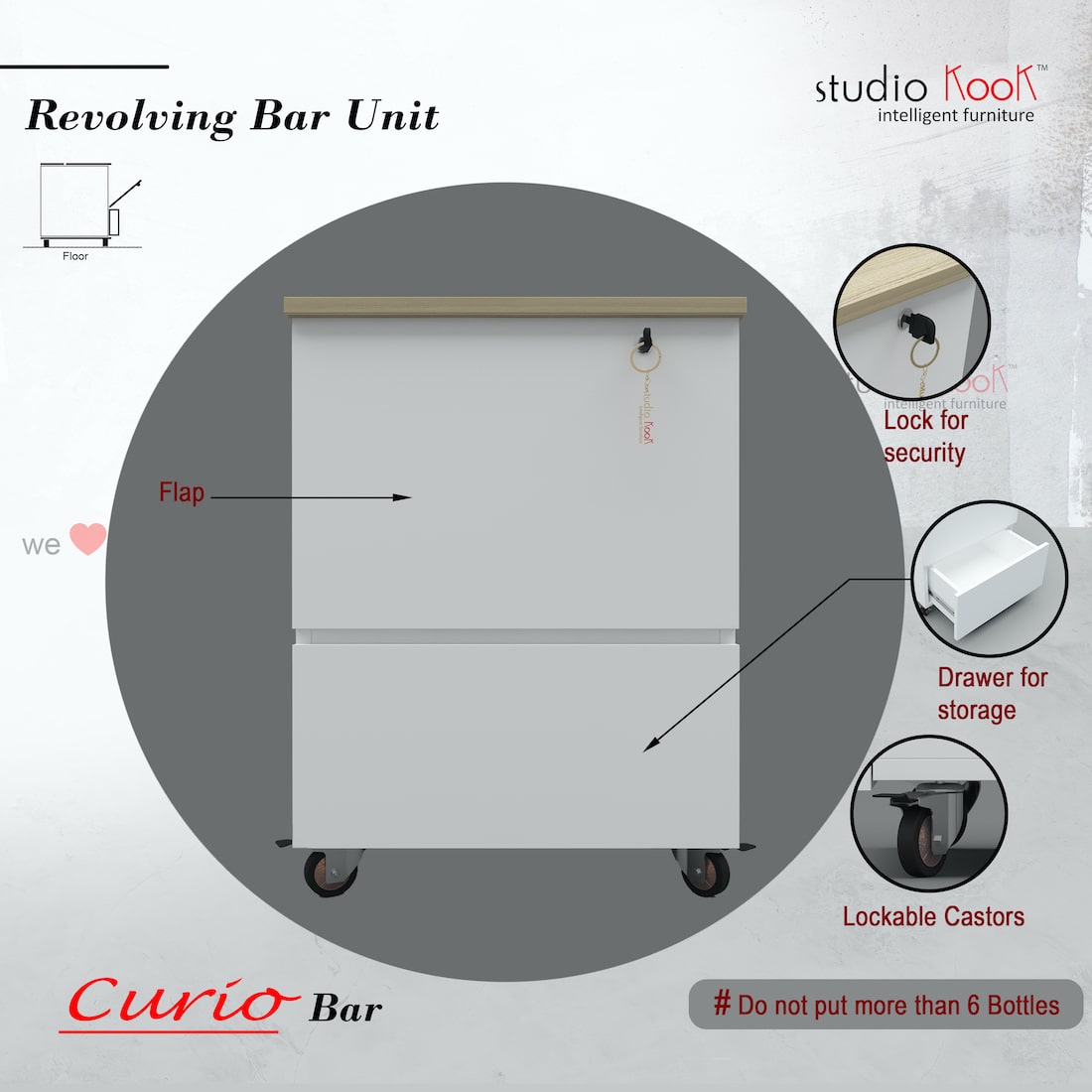 Curio Mini Bar Cabinet on Wheels (Moonshine White, Matte Finish)