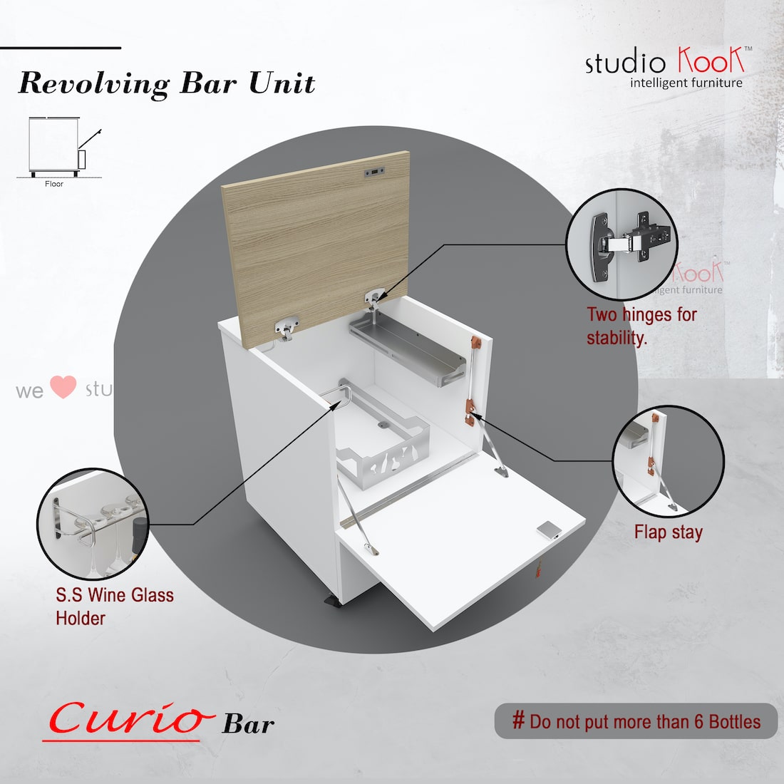 Curio Mini Bar Cabinet on Wheels (Moonshine White, Matte Finish)