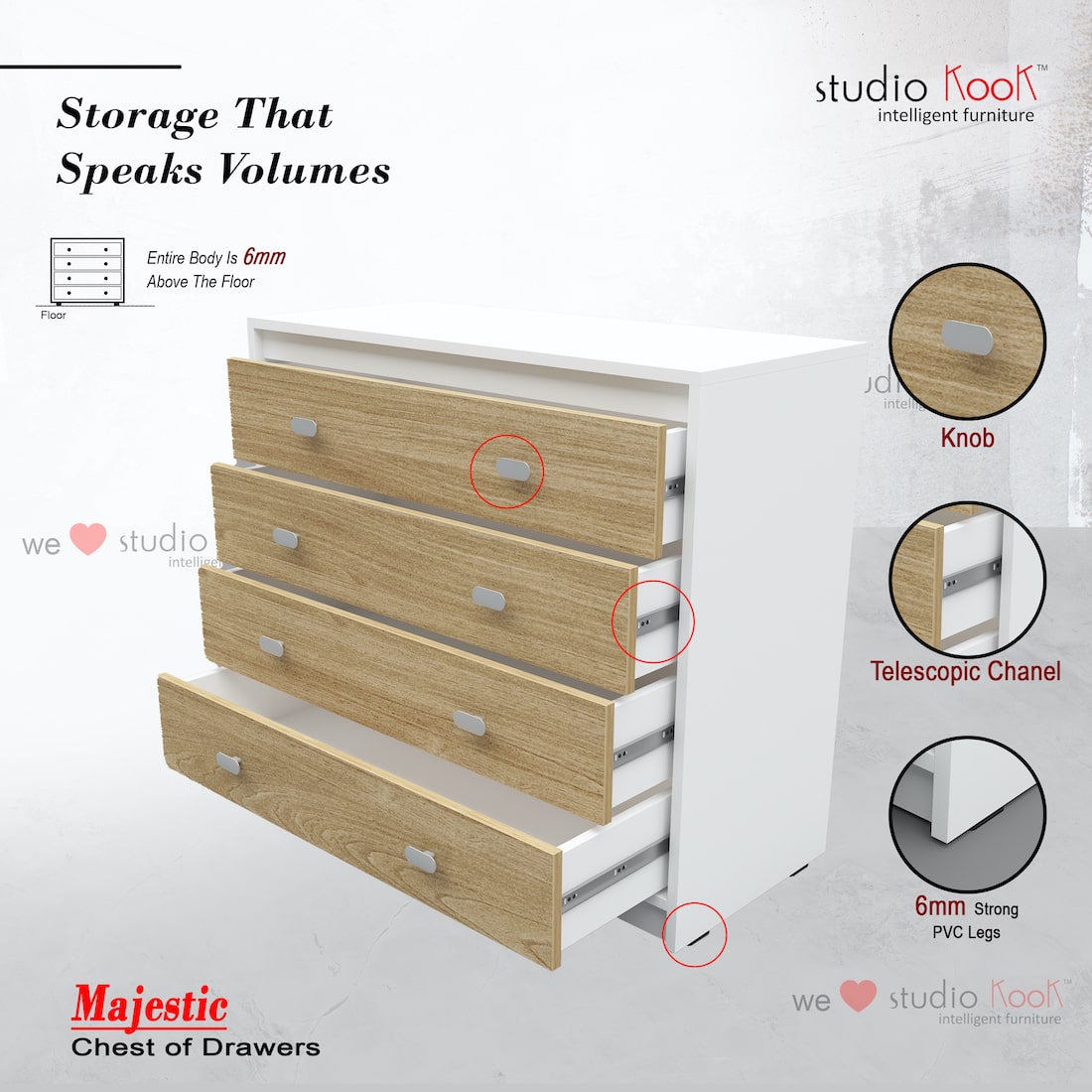 Majestic Chest of Drawers (Moonshine White + Light Teak Finish, Matte)