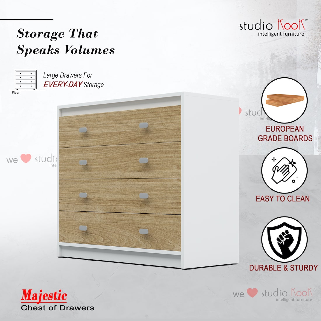 Majestic Chest of Drawers (Moonshine White + Light Teak Finish, Matte)