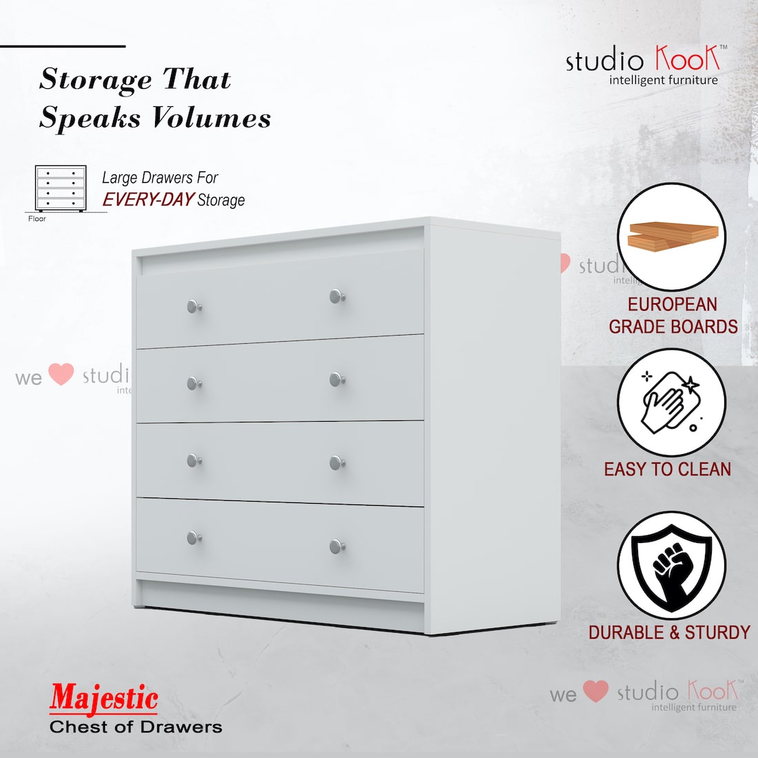 Majestic Chest of Drawers (Moonshine White, Matte Finish)