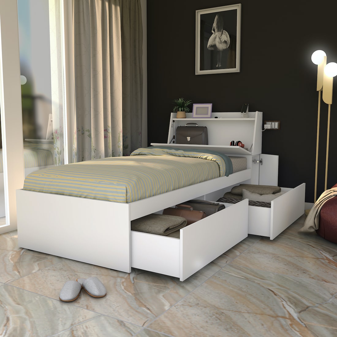 Tribe Single Bed with Headboard storage and 2 Drawers (Moonshine White, Matte Finish)