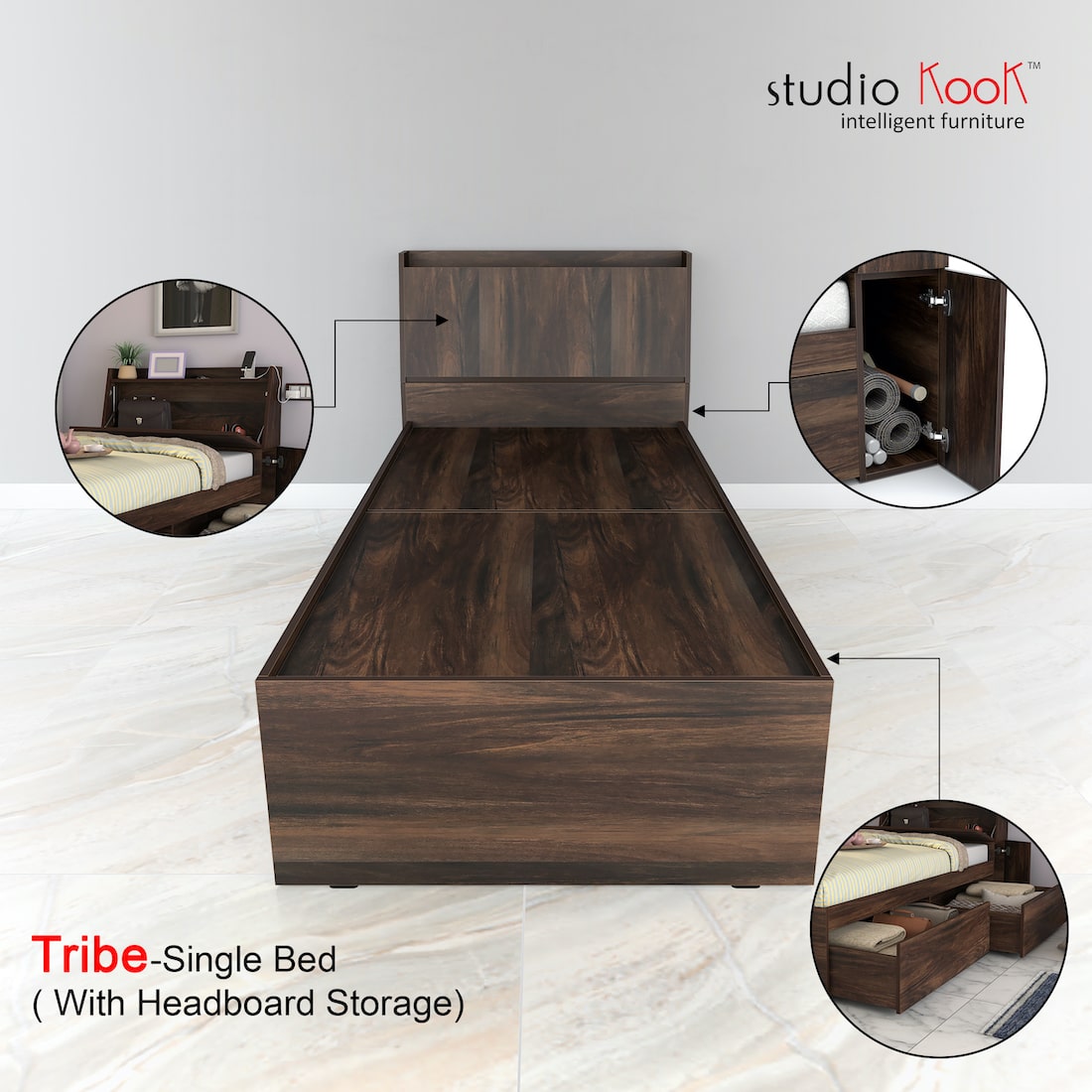 Tribe Single Bed Right with Headboard storage and 2 Drawers on Right