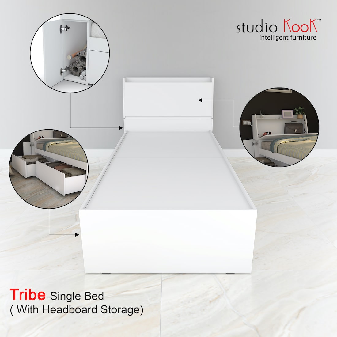 Tribe Single Bed with Headboard storage and 2 Drawers (Moonshine White, Matte Finish)