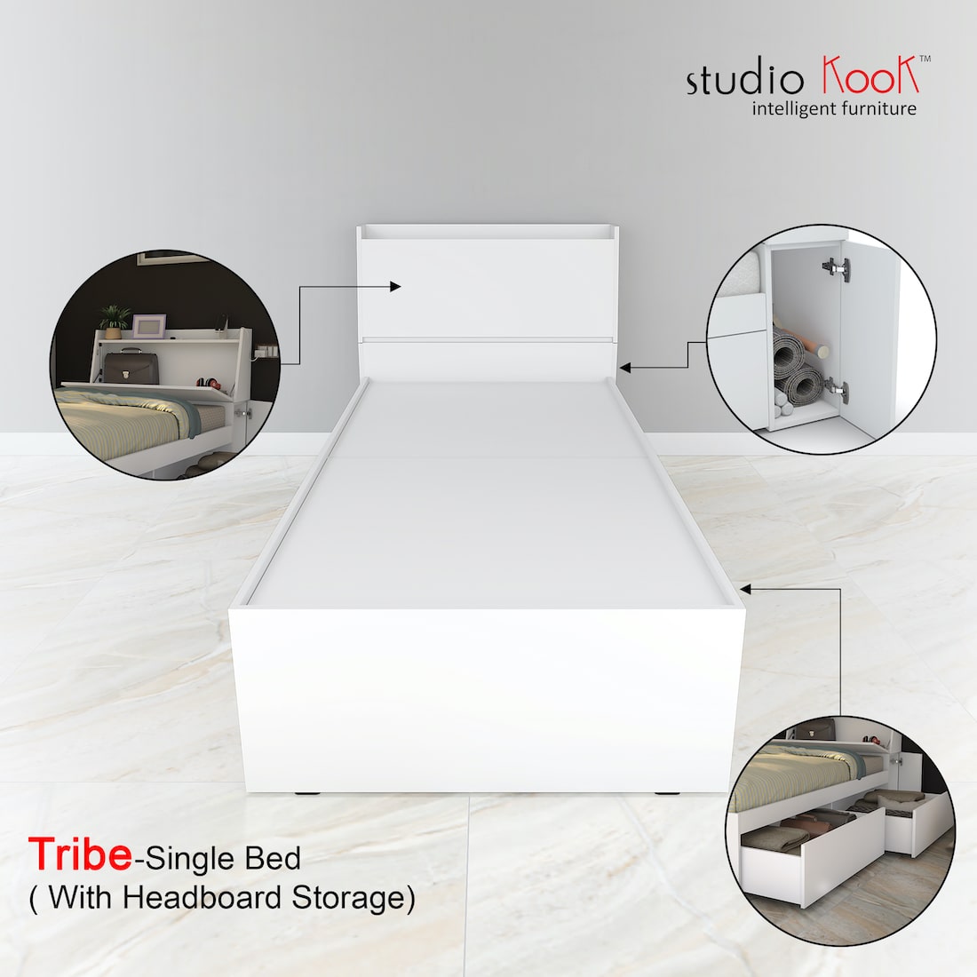 Tribe Single Bed with Headboard storage and 2 Drawers (Moonshine White, Matte Finish)