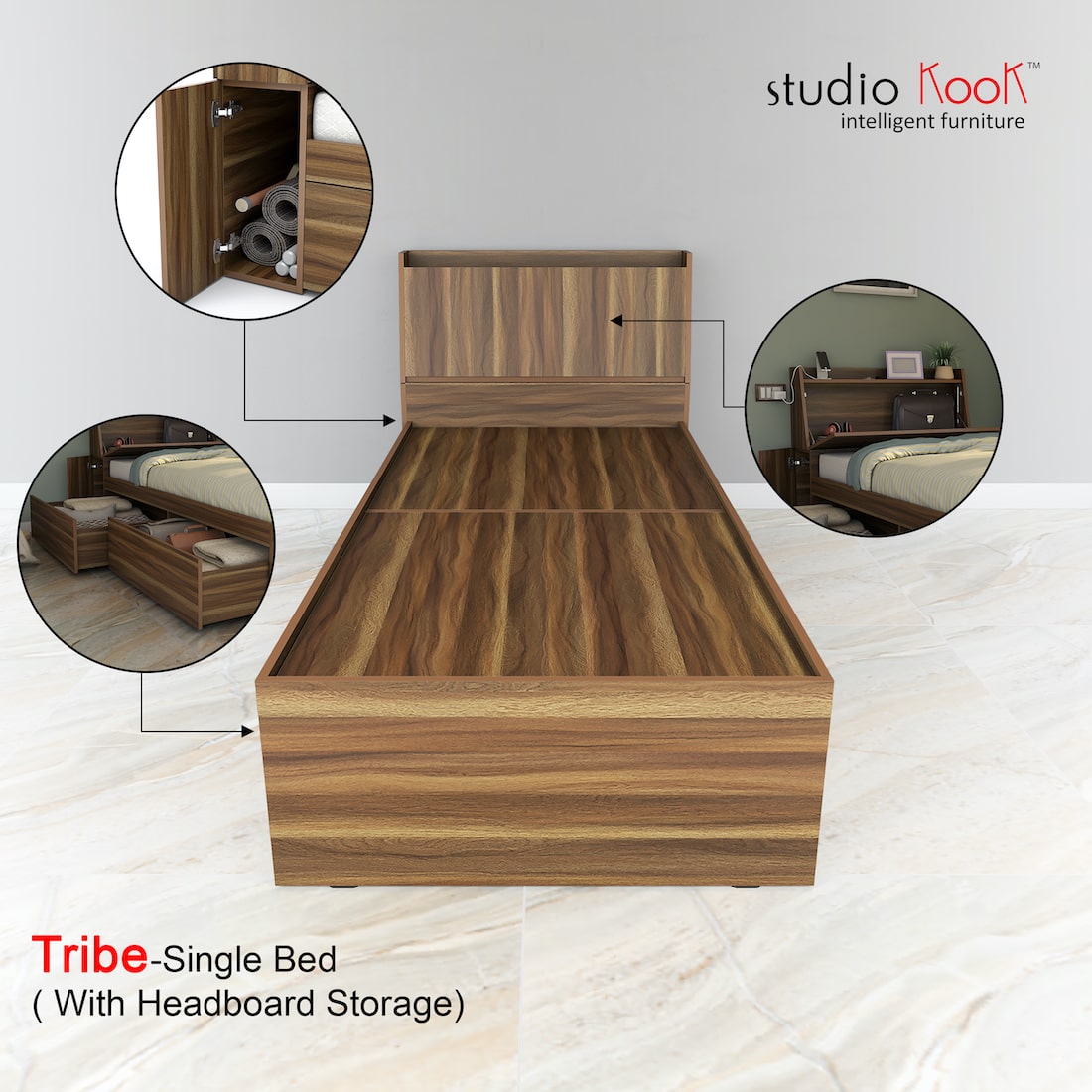 Tribe Single Bed Left with Headboard storage and 2 Drawers on Left