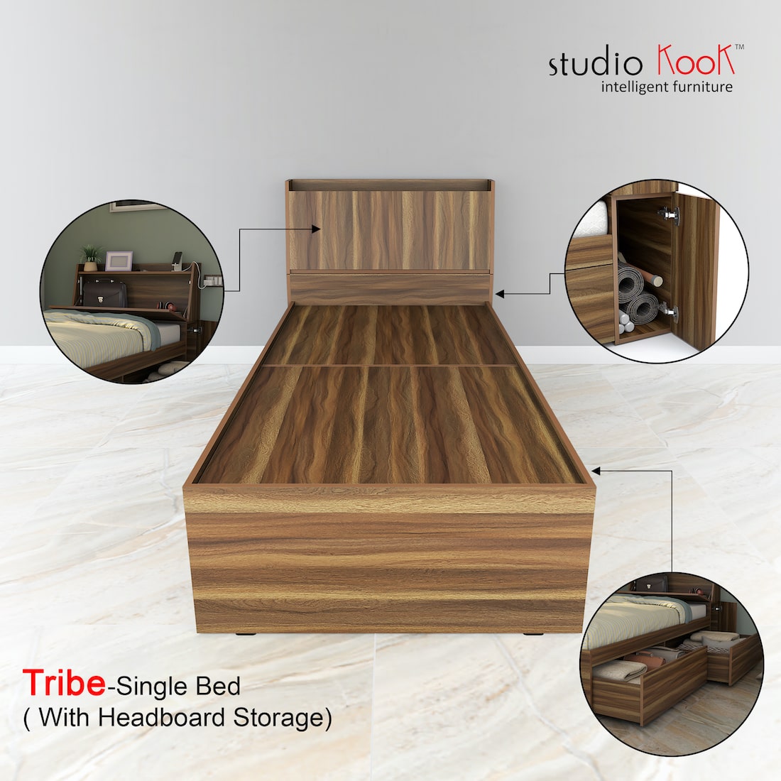 Tribe Single Bed Right with Headboard storage and 2 Drawers on Right