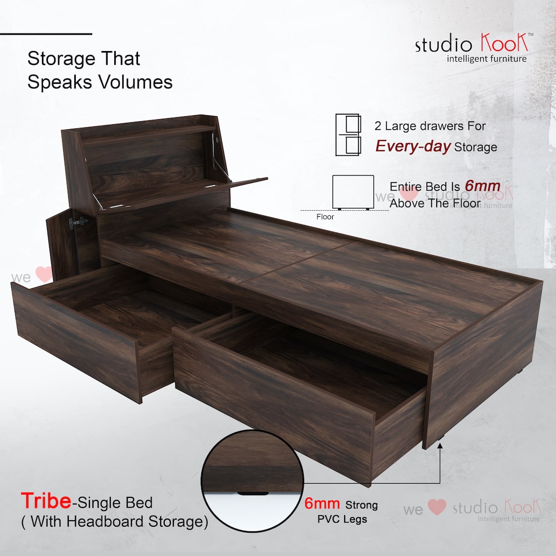 Tribe Single Bed Left with Headboard storage and 2 Drawers on Left