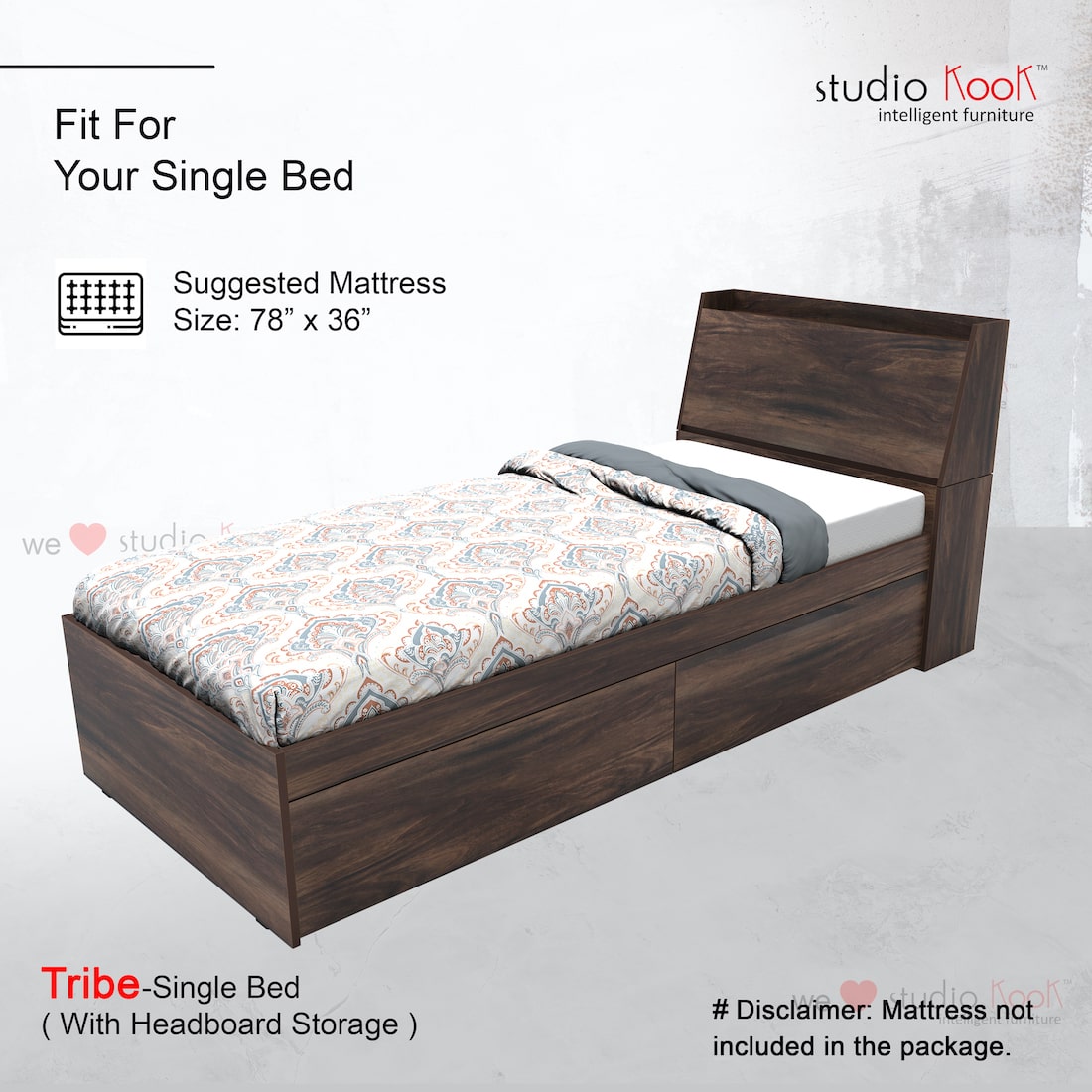 Tribe Single Bed Right with Headboard storage and 2 Drawers on Right