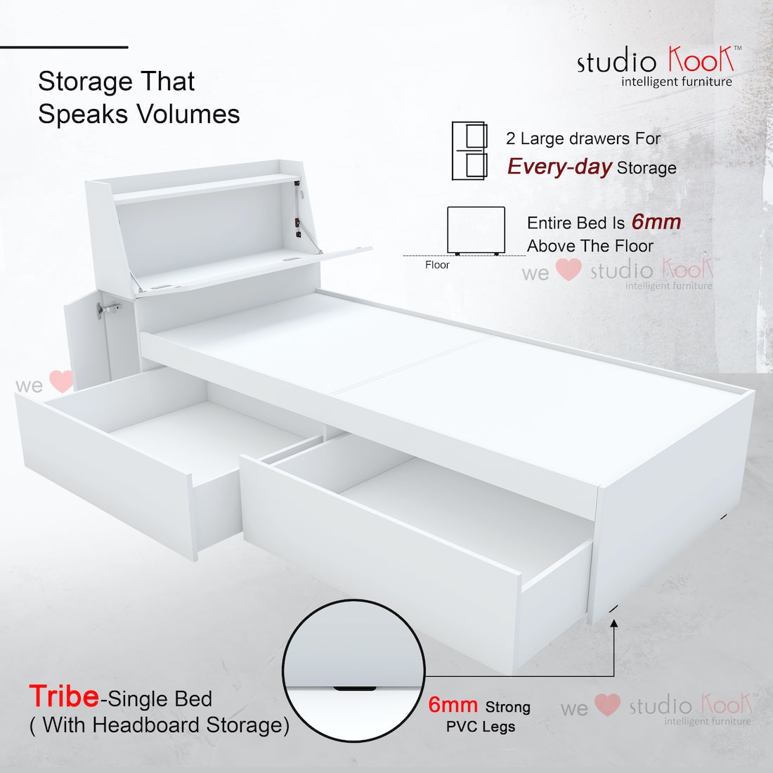 Tribe Single Bed with Headboard storage and 2 Drawers (Moonshine White, Matte Finish)