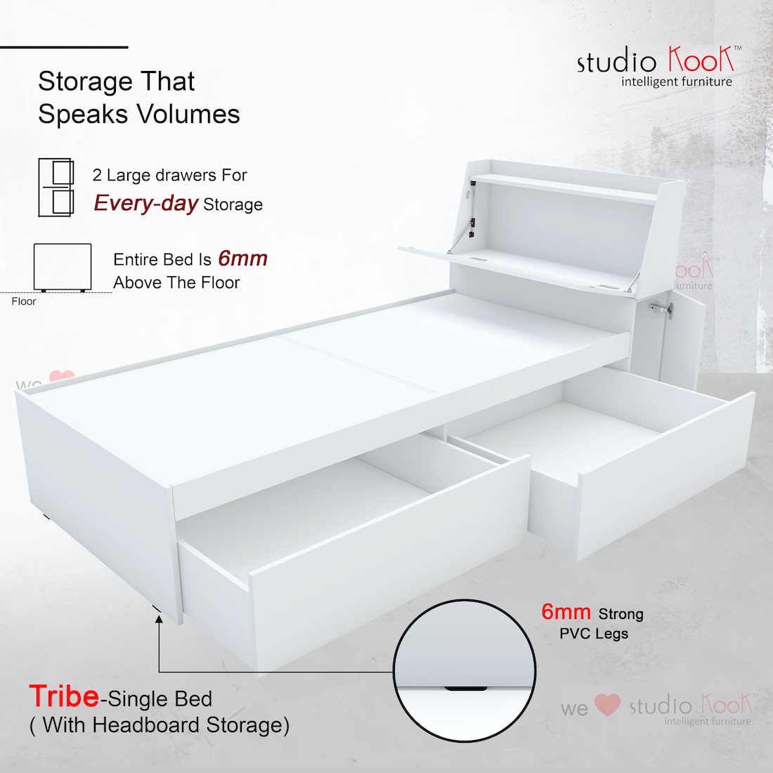 Tribe Single Bed with Headboard storage and 2 Drawers (Moonshine White, Matte Finish)