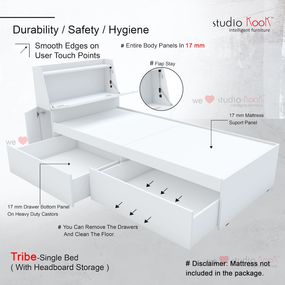 Tribe Single Bed with Headboard storage and 2 Drawers (Moonshine White, Matte Finish)