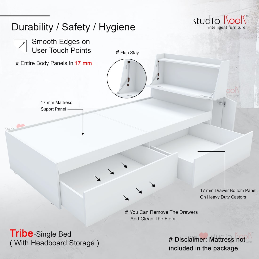 Tribe Single Bed with Headboard storage and 2 Drawers (Moonshine White, Matte Finish)