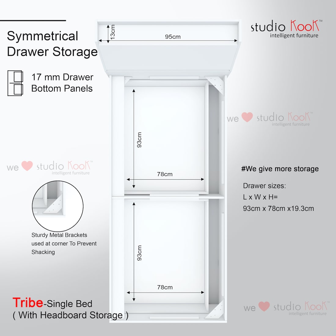 Tribe Single Bed with Headboard storage and 2 Drawers (Moonshine White, Matte Finish)