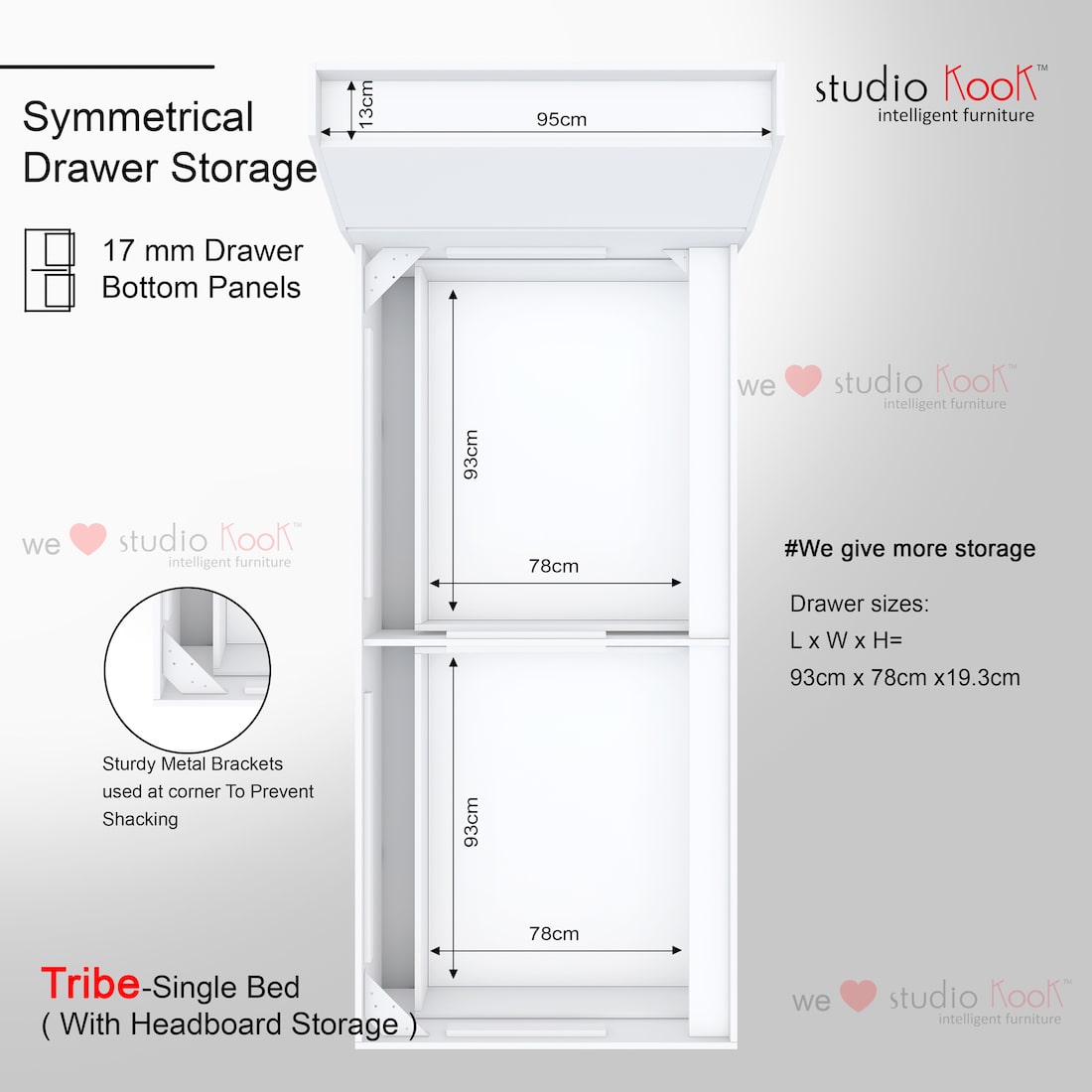 Tribe Single Bed with Headboard storage and 2 Drawers (Moonshine White, Matte Finish)