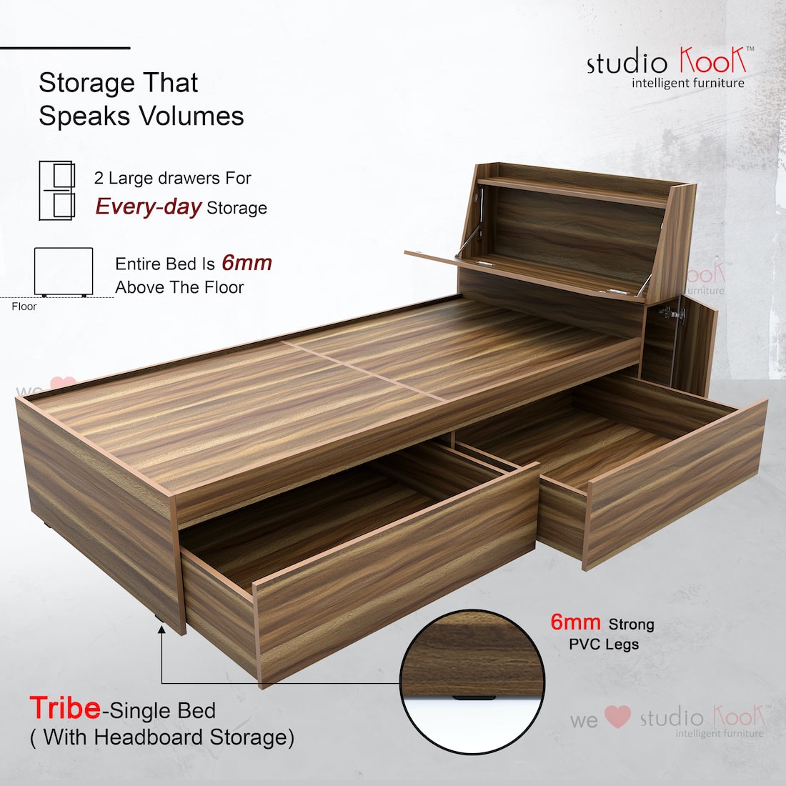 Tribe Single Bed Right with Headboard storage and 2 Drawers on Right