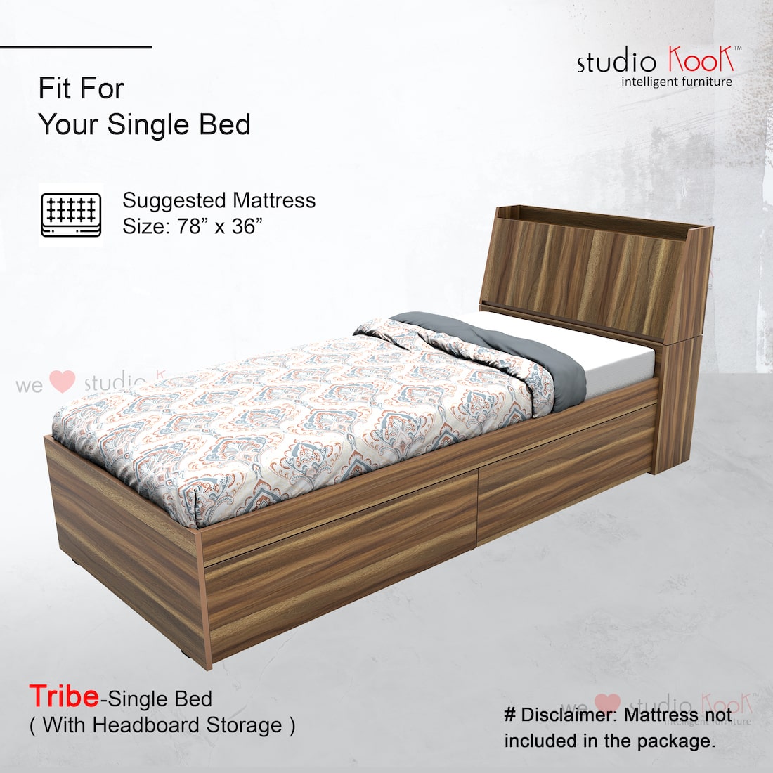 Tribe Single Bed Right with Headboard storage and 2 Drawers on Right
