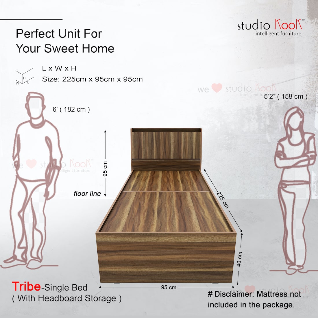 Tribe Single Bed Left with Headboard storage and 2 Drawers on Left