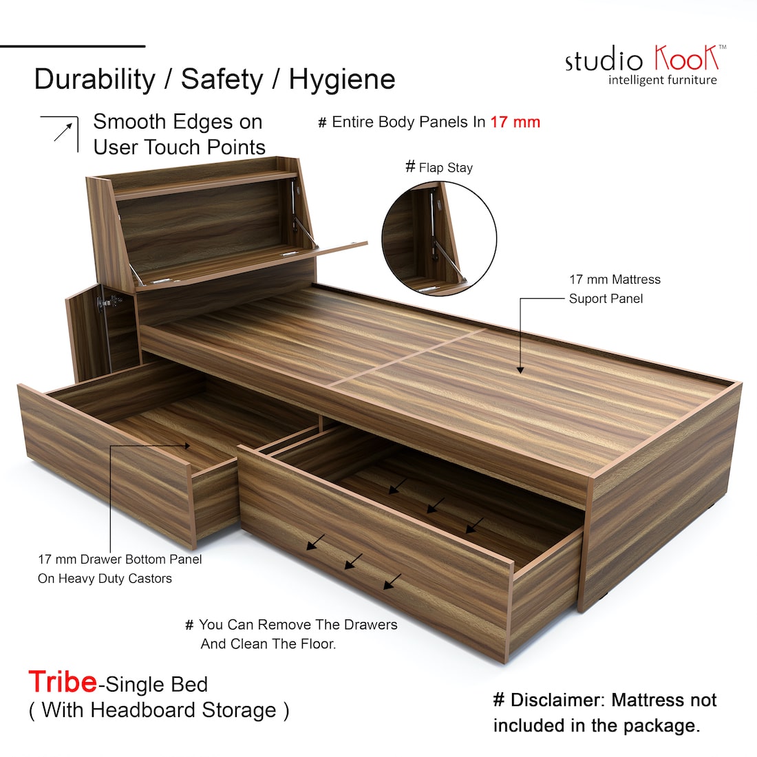 Tribe Single Bed Left with Headboard storage and 2 Drawers on Left