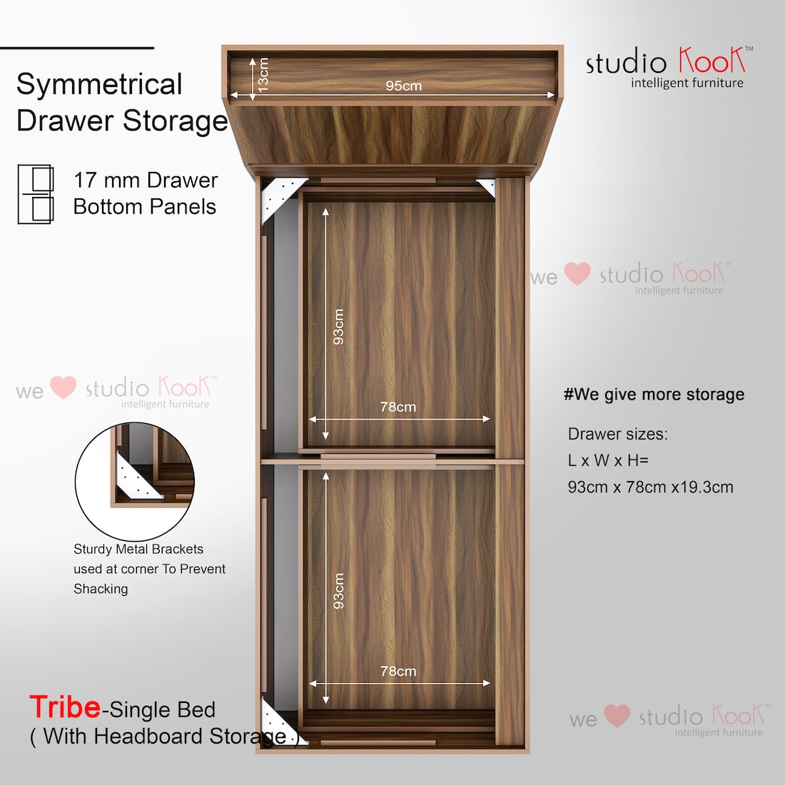 Tribe Single Bed Right with Headboard storage and 2 Drawers on Right