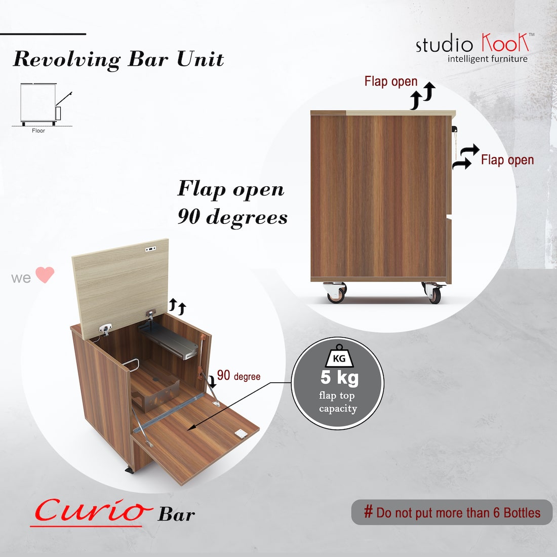 Curio Mini Bar Cabinet on Wheels