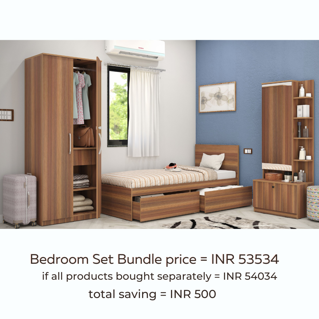 Finisa 15: Set of 3 Bedroom Furniture - 2 door Wardrobe, Single Bed with Headboard, Dresser