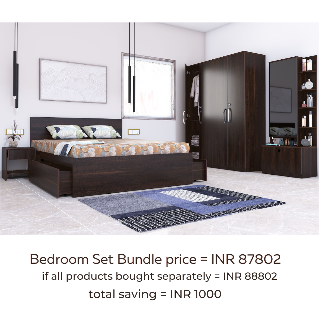 Optima 05: Set of 5 Bedroom Furniture - 4 door Wardrobe, Queen Bed, Dresser and Side Tables