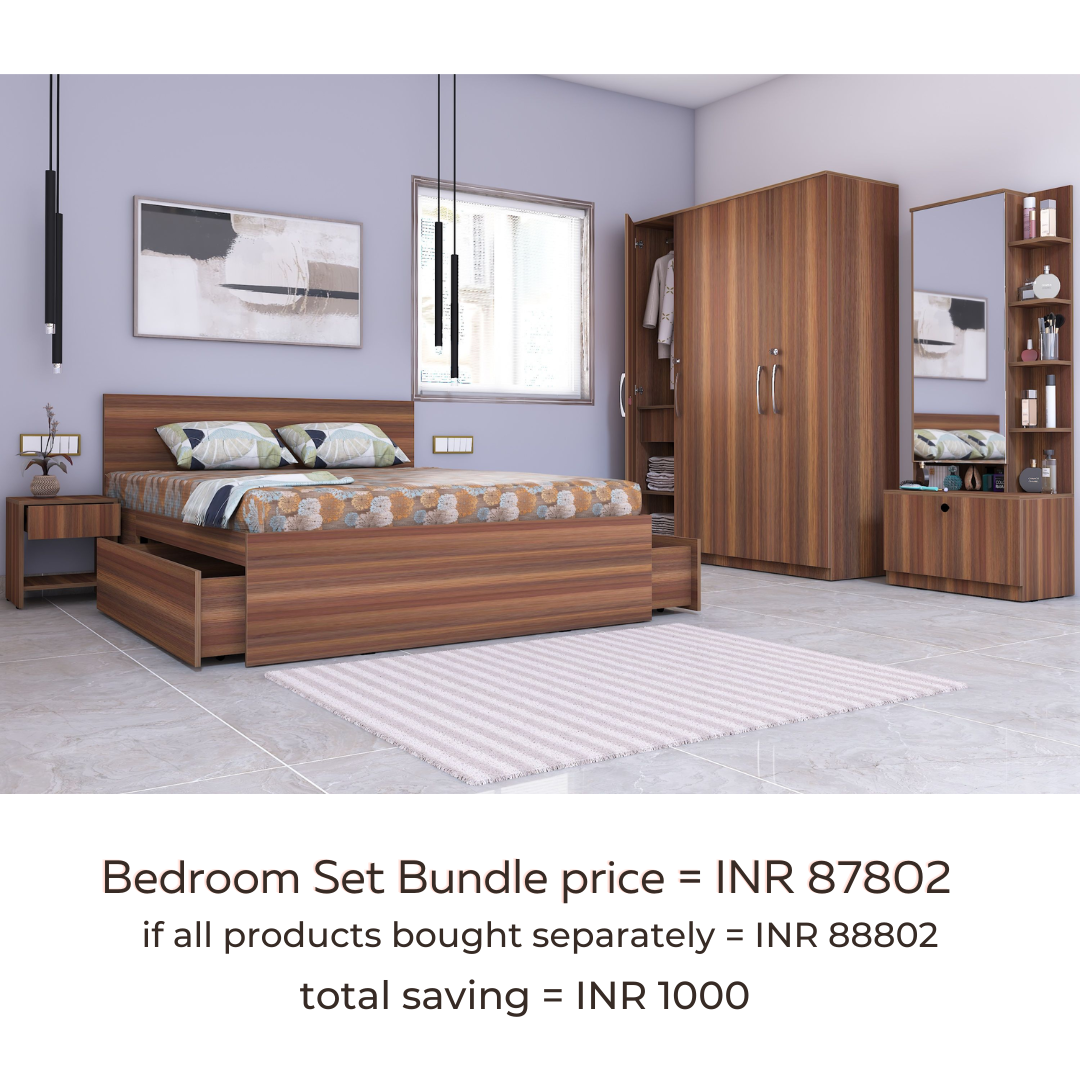 Optima 05: Set of 5 Bedroom Furniture - 4 door Wardrobe, Queen Bed, Dresser and Side Tables