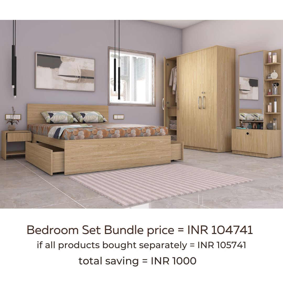 Optima 05: Set of 5 Bedroom Furniture - 4 door Wardrobe, Queen Bed, Dresser and Side Tables