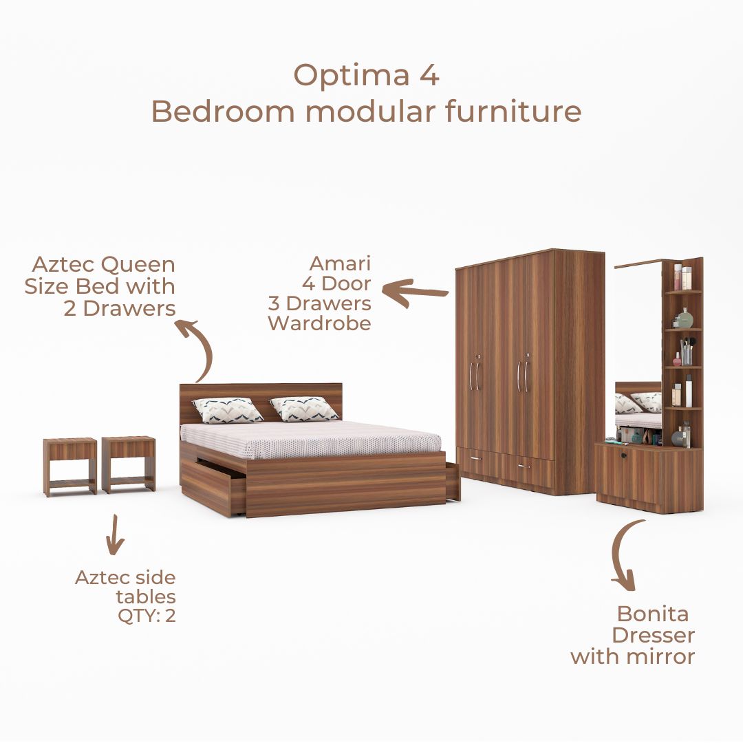 Optima 04: Set of 5 Bedroom Furniture - 4 door Wardrobe, Queen Bed, Dresser and Side Tables