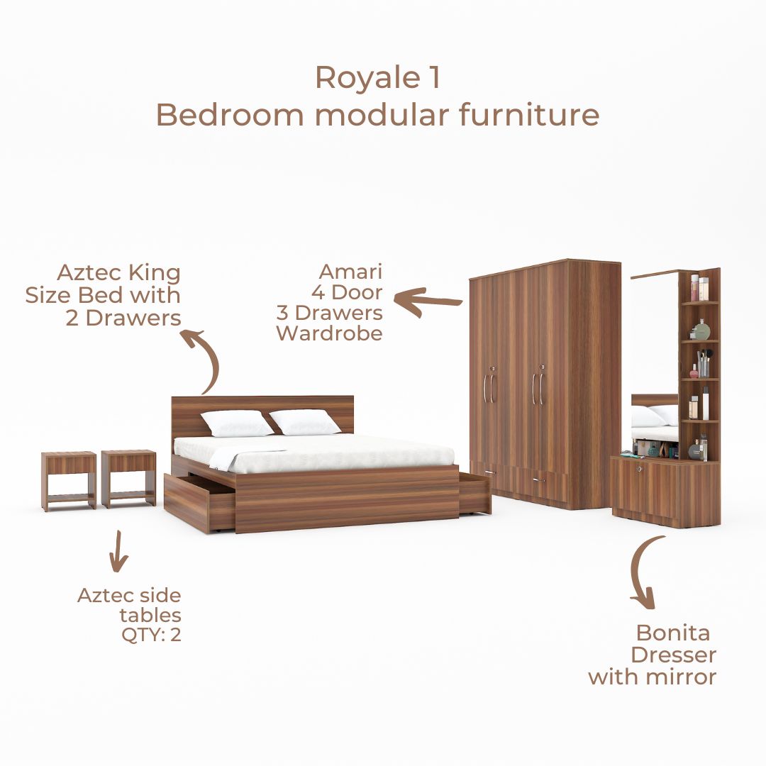 Royale 1 set of 5 modular furniture - King Bed, 4 Door Wardrobe, Dresser with Mirror and 2 side tables