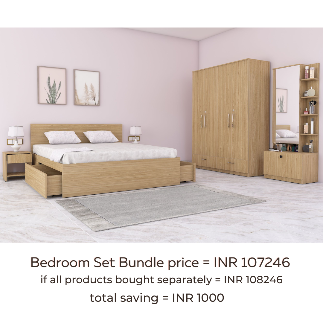 Royale 1 set of 5 modular furniture - King Bed, 4 Door Wardrobe, Dresser with Mirror and 2 side tables