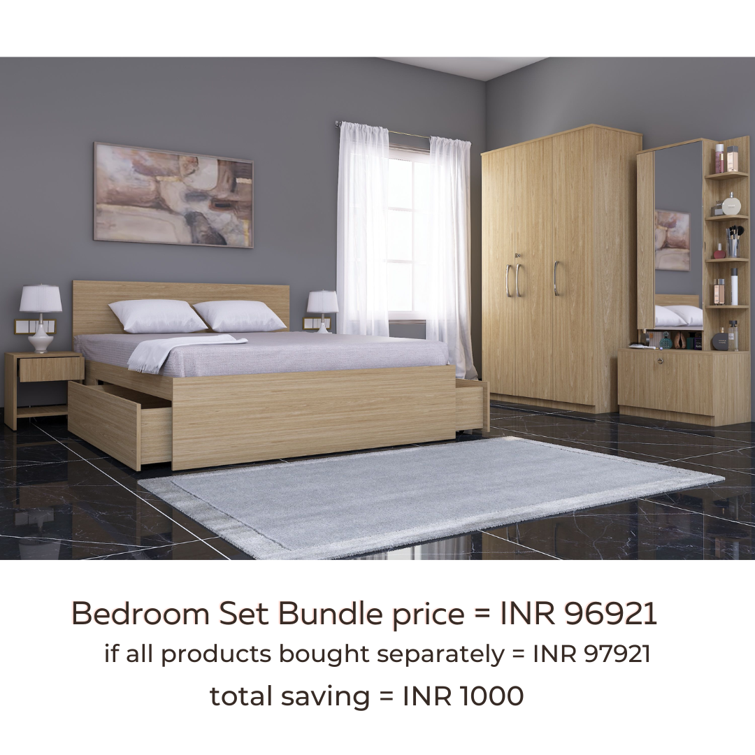 Optima 06: Set of 5 Bedroom Furniture - 3 door Wardrobe, Queen Bed, Dresser and Side Tables