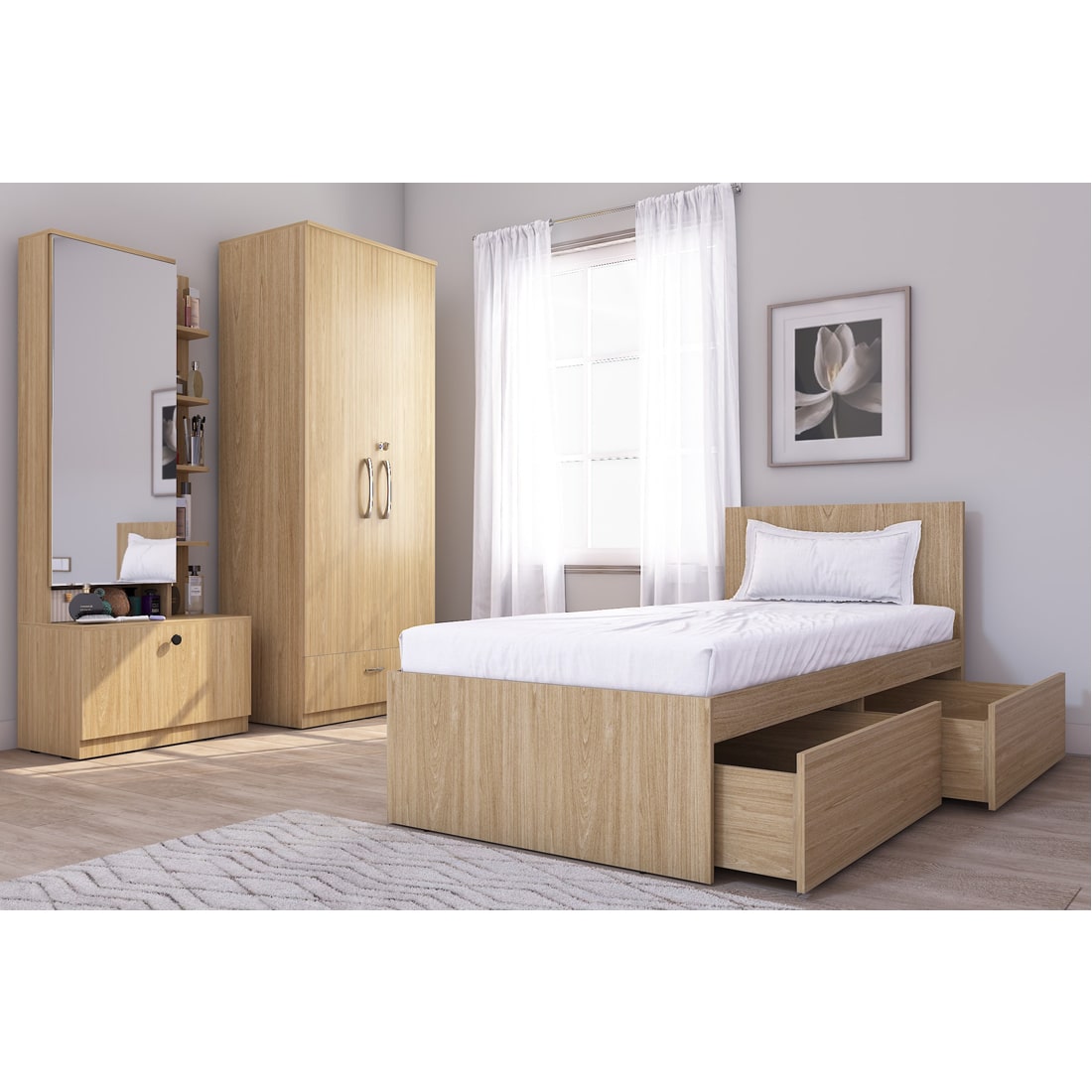 Finisa 14: Set of 3 Bedroom Furniture - 2 door 2 drawer Wardrobe, Single Bed with Headboard, Dresser