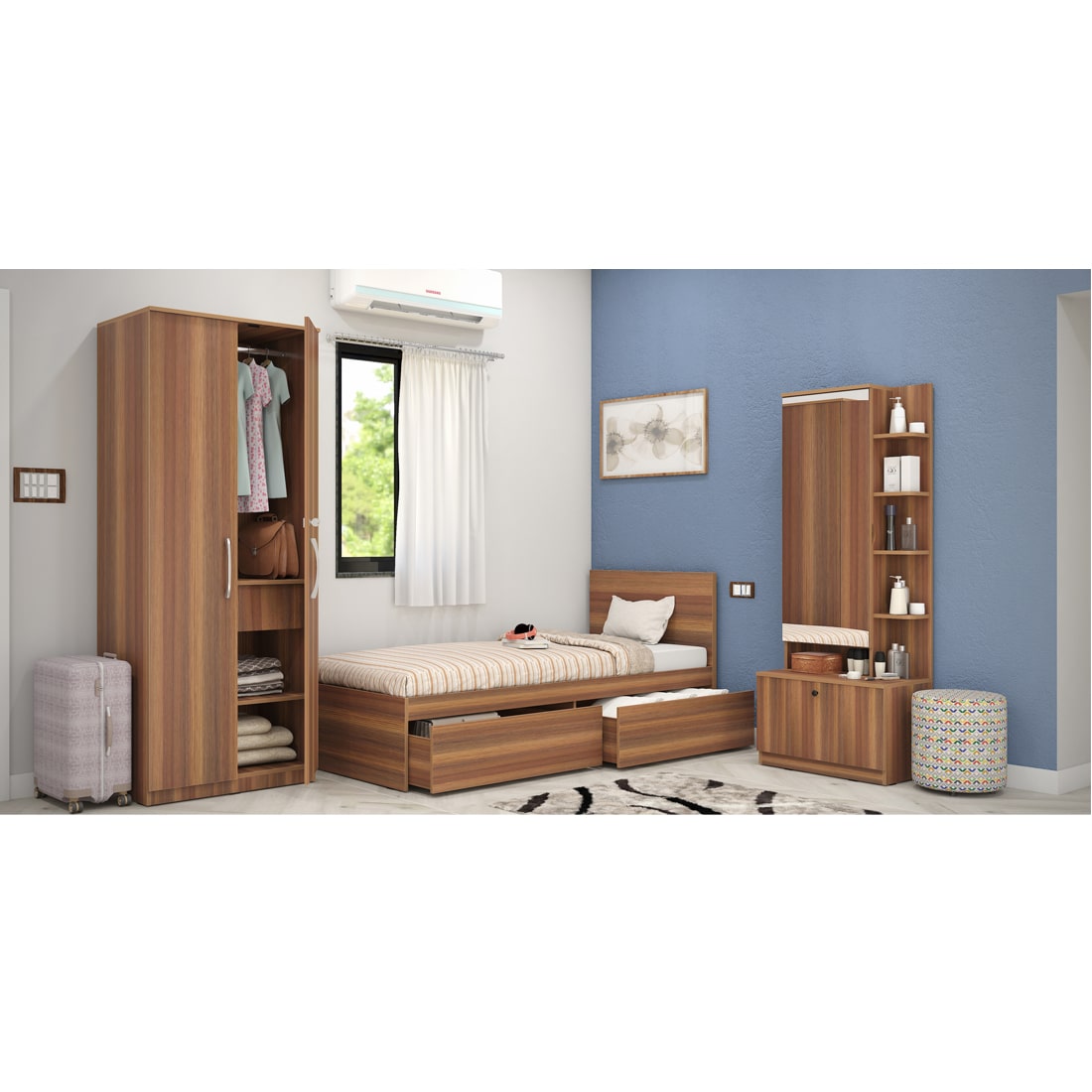 Finisa 15: Set of 3 Bedroom Furniture - 2 door Wardrobe, Single Bed with Headboard, Dresser