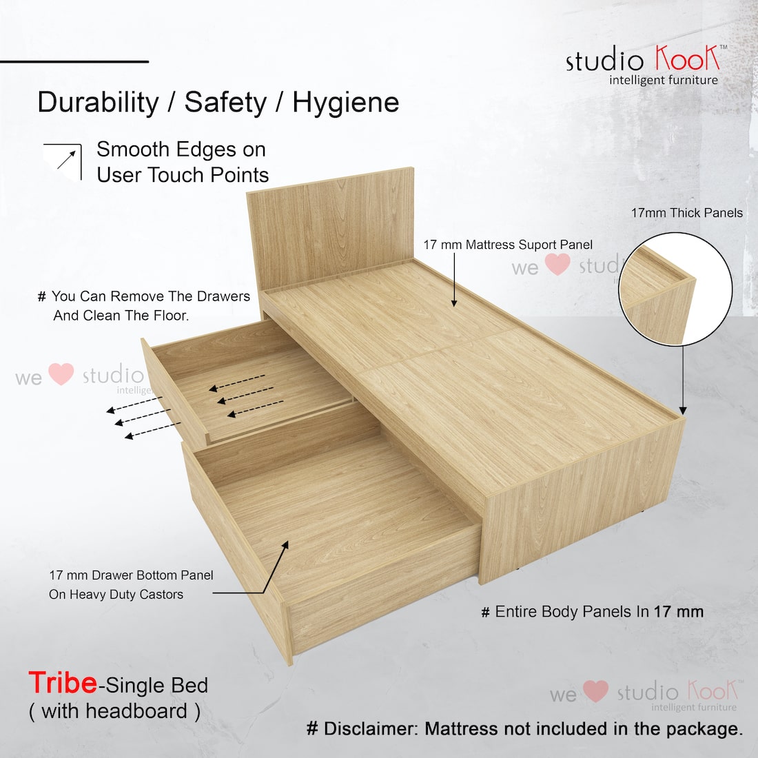 Tribe Left Single Bed with Headboard and 2 Drawers on Left
