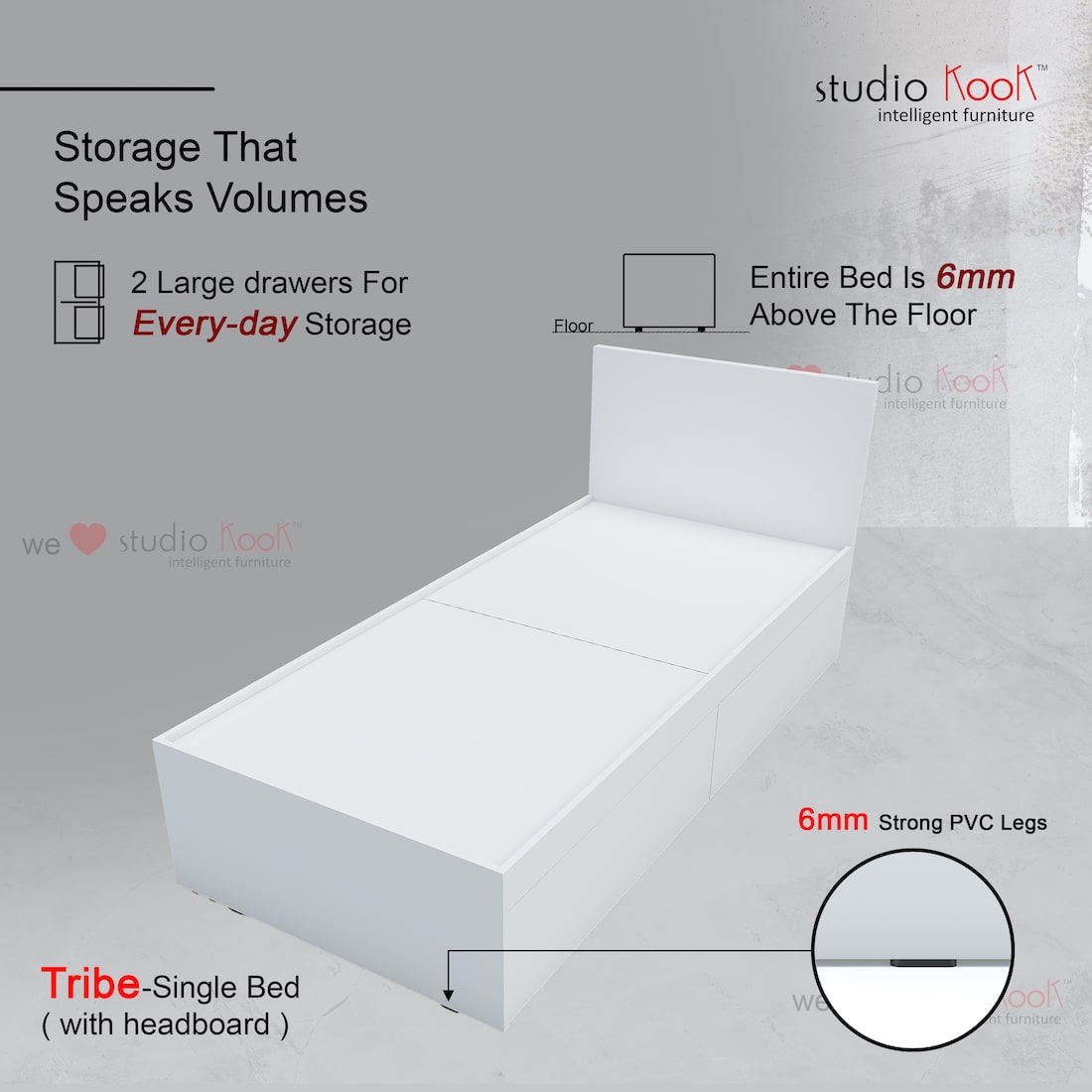 Tribe Single Bed with Headboard (Moonshine White, Matte Finish)