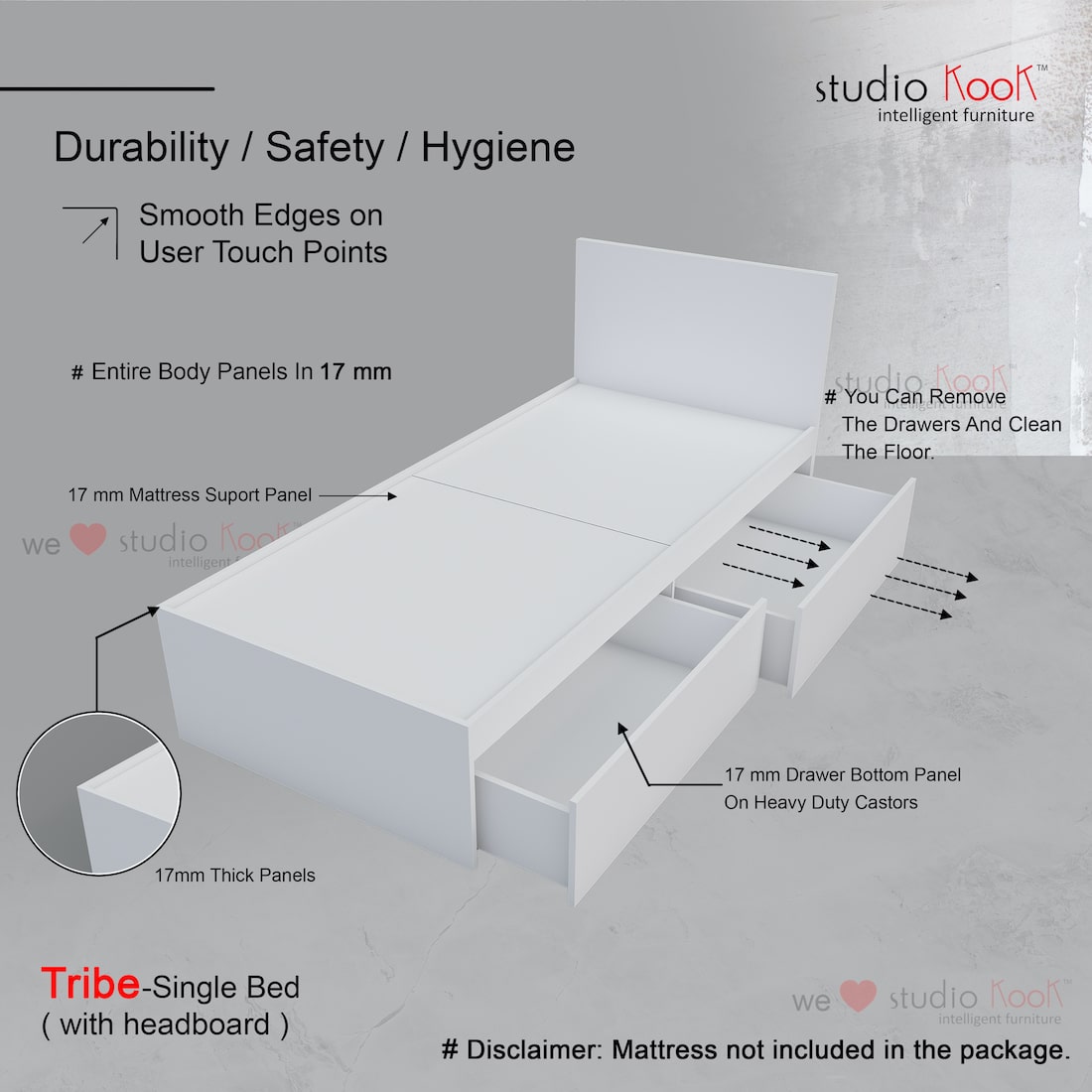 Tribe Single Bed with Headboard (Moonshine White, Matte Finish)