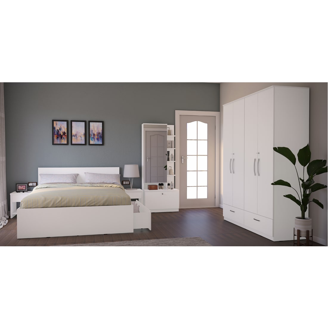 Modena 10: Set of 5 Bedroom Furniture - 4 door Wardrobe, Queen Bed Right, Dresser and Side Tables