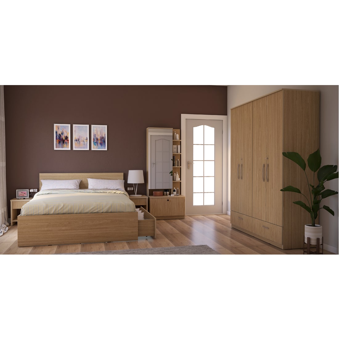 Modena 10: Set of 5 Bedroom Furniture - 4 door Wardrobe, Queen Bed Right, Dresser and Side Tables