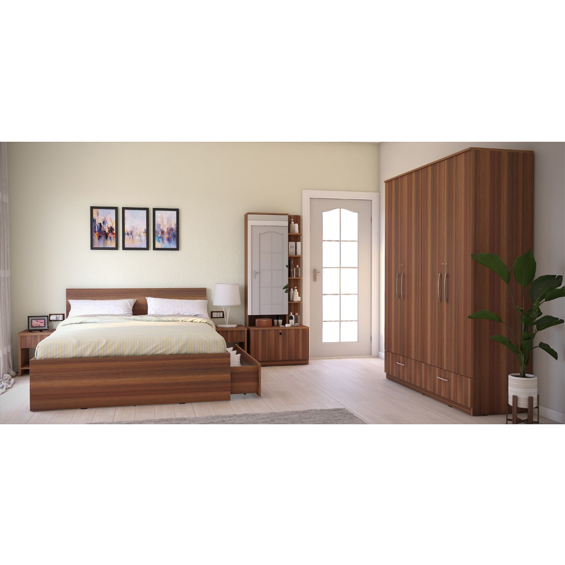 Modena 10: Set of 5 Bedroom Furniture - 4 door Wardrobe, Queen Bed Right, Dresser and Side Tables