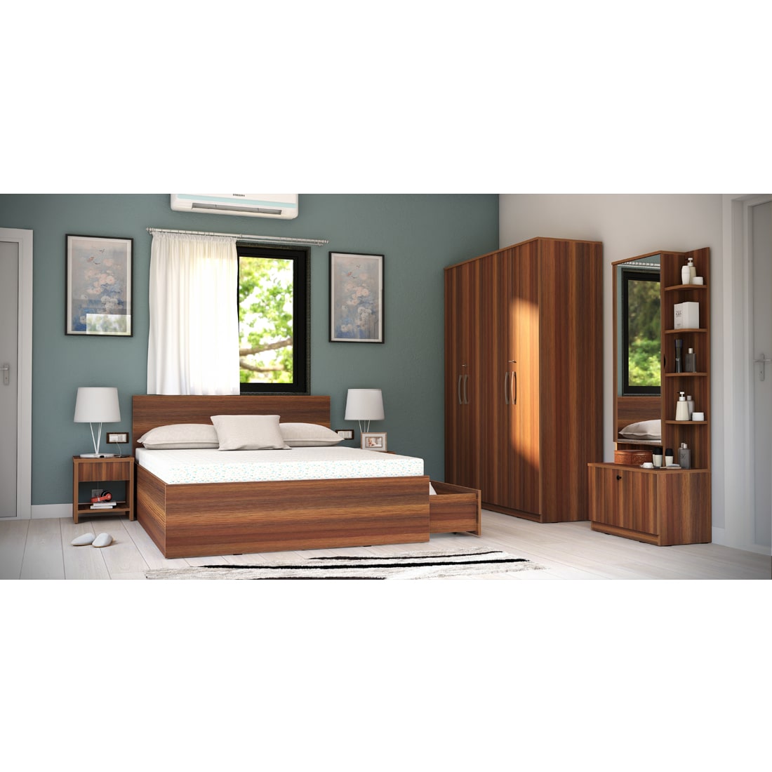 Modena 11: Set of 5 Bedroom Furniture - 4 door Wardrobe, Queen Bed Right, Dresser and Side Tables