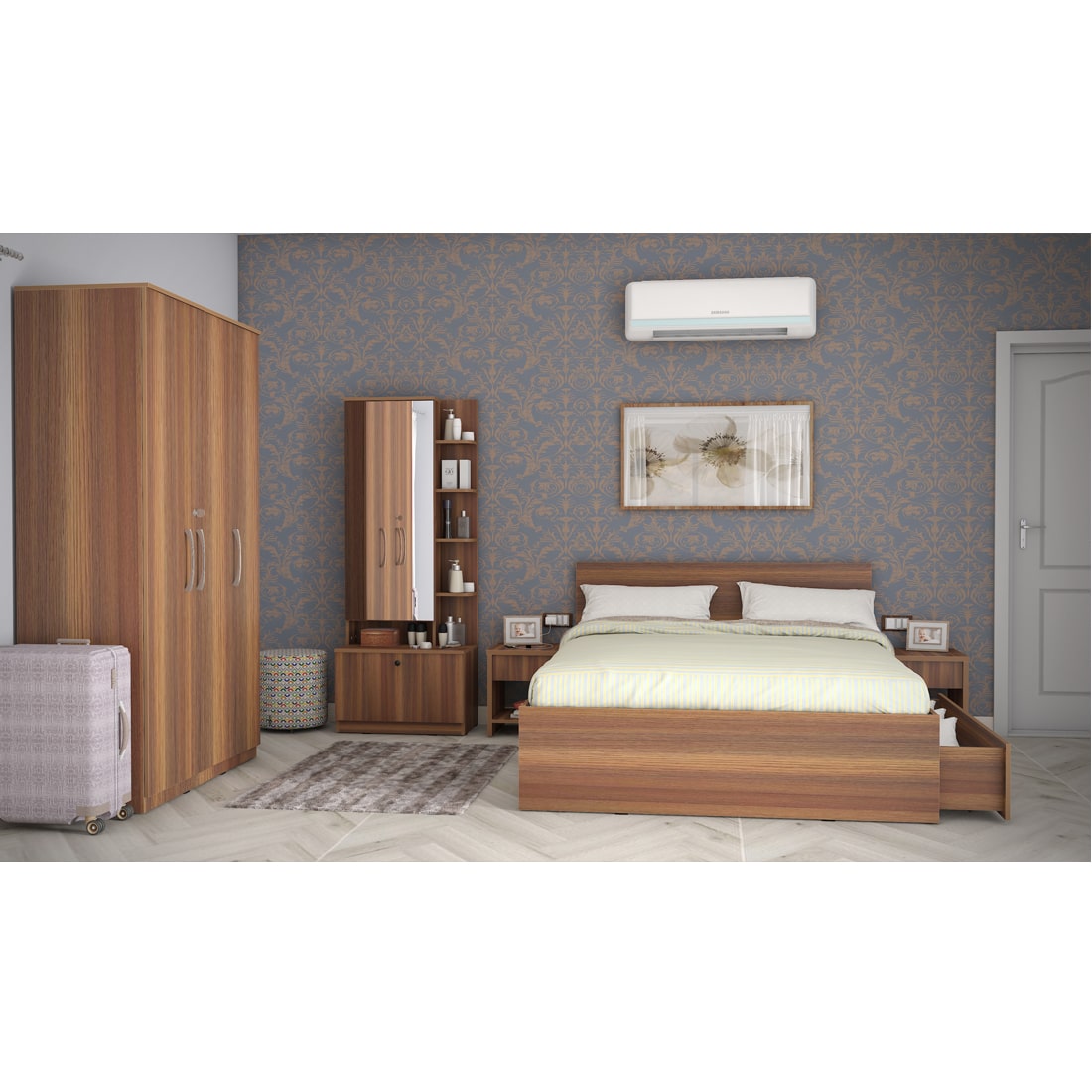 Modena 12: Set of 5 Bedroom Furniture - 3 door Wardrobe, Queen Bed Right, Dresser and Side Tables