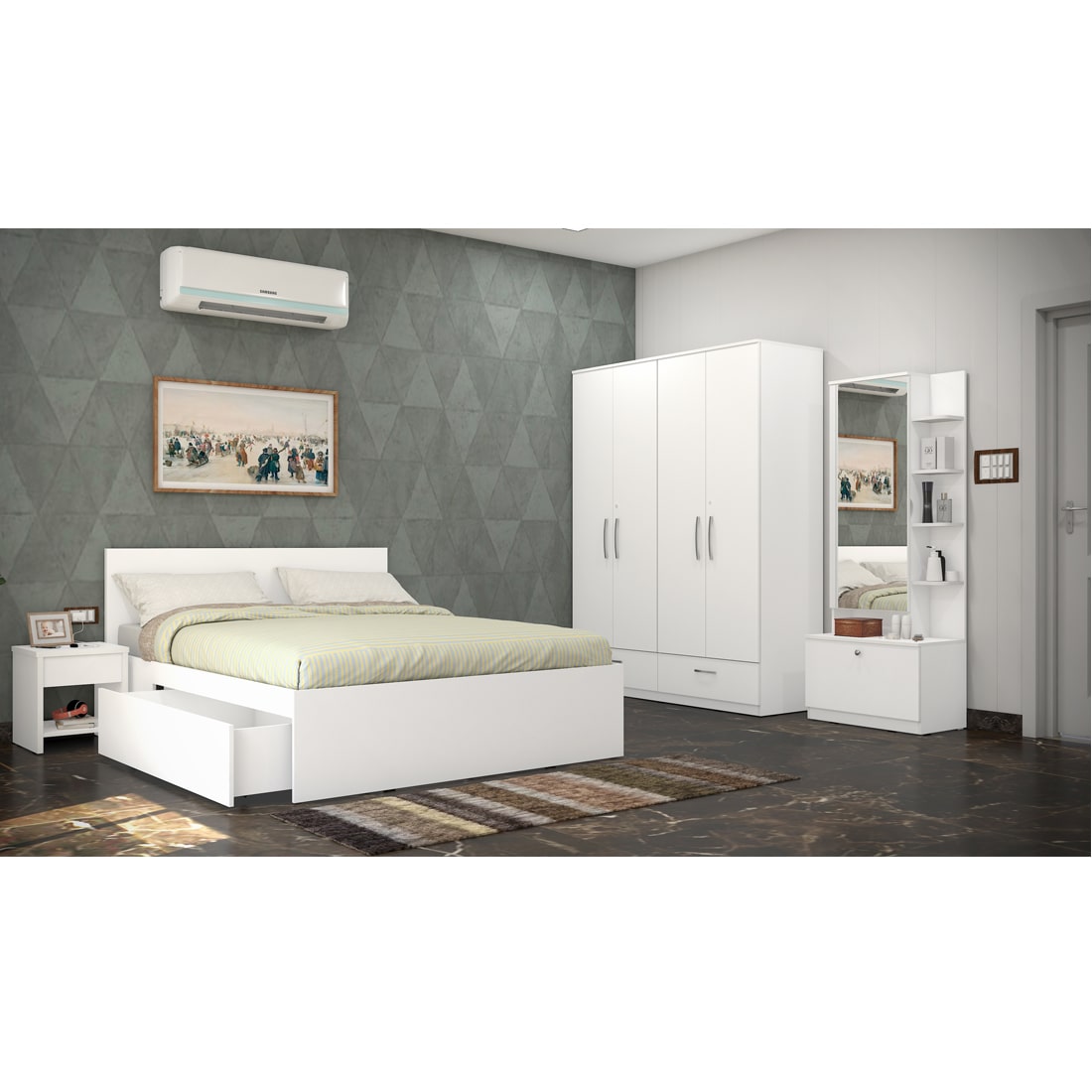 Modena 07: Set of 5 Bedroom Furniture - 4 door Wardrobe, Queen Bed Left, Dresser and Side Tables